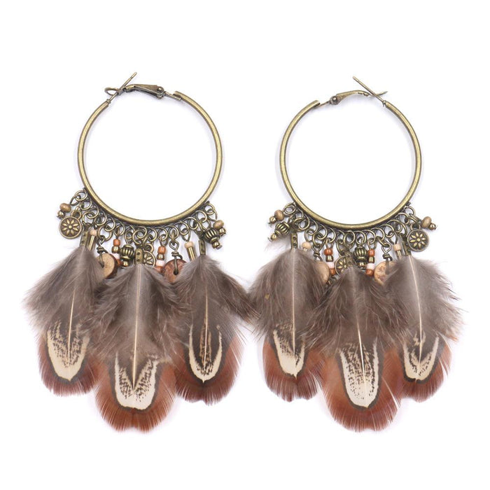 Retro Ethnic Round Gradient Color Feather Pendant Earrings