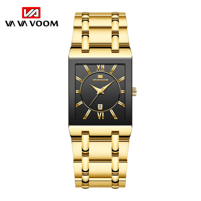 Simple Design Fashion Rectangular Black Gold Stainless Steel Calendar Waterproof Quartz Men Watches