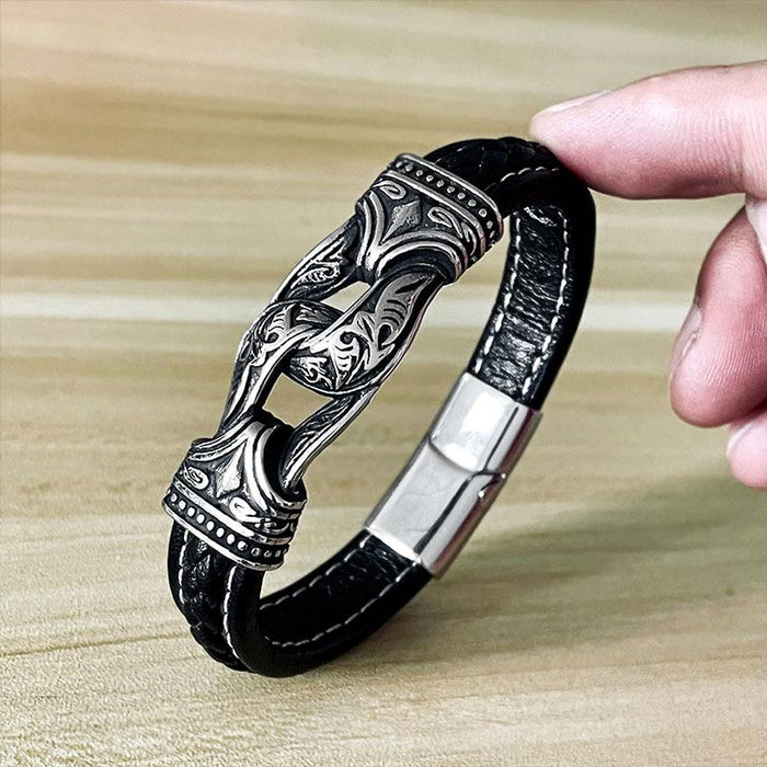 Titanium steel fashion carved Leather Bracelet Viking men's Bracelet