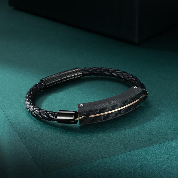 Leather Rope Solid Carbon Fiber Titanium Steel Bracelet
