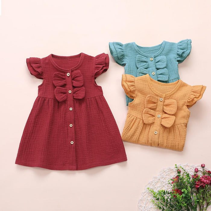 Cotton linen crepe small flying sleeve double bow stitched princess skirt