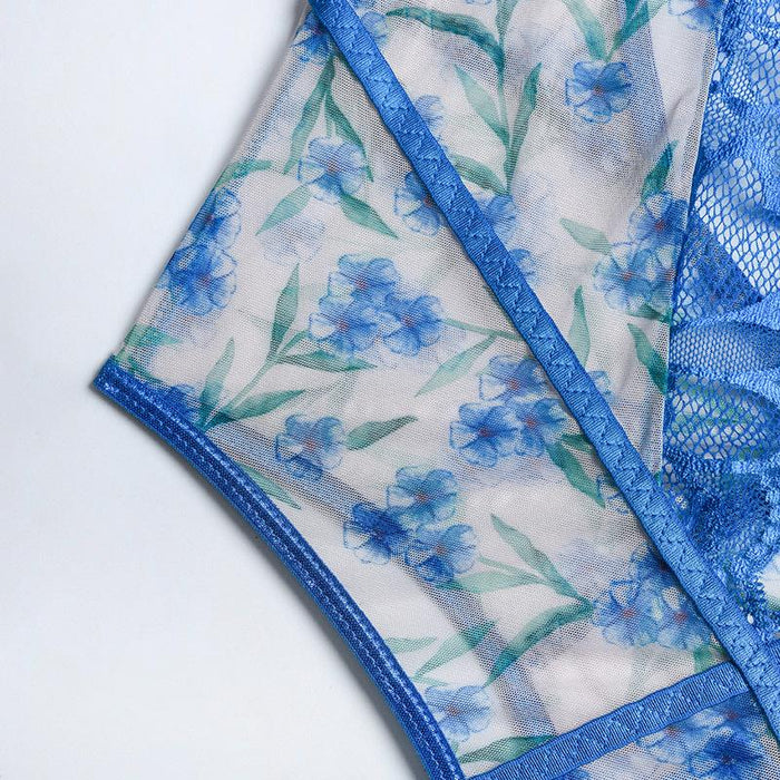 Women's Summer Mesh Lingerie Floral Print Slim Bodysuit