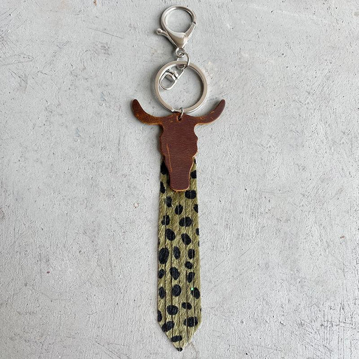 Western Leather Key Chain Texture Ox Head Leopard Fringe Pendant