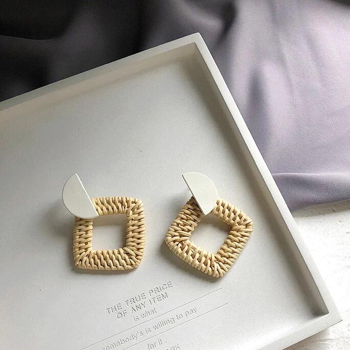 Geometric Circular Bamboo Rattan Woven Wooden Earrings