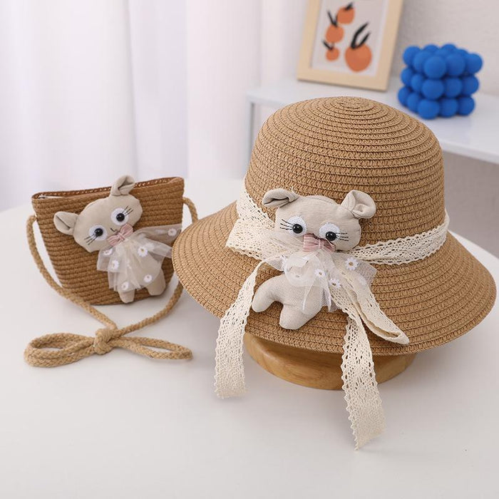 Summer Trendy Lace Cat Children's Grass Bucket Hat Bag Set