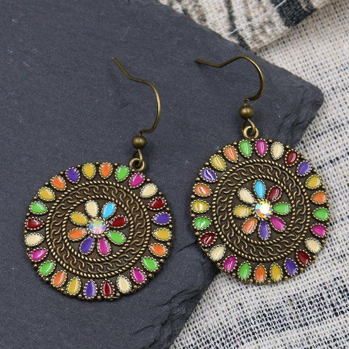 Alloy Geometric Round Vintage Flower Rhinestone Earrings