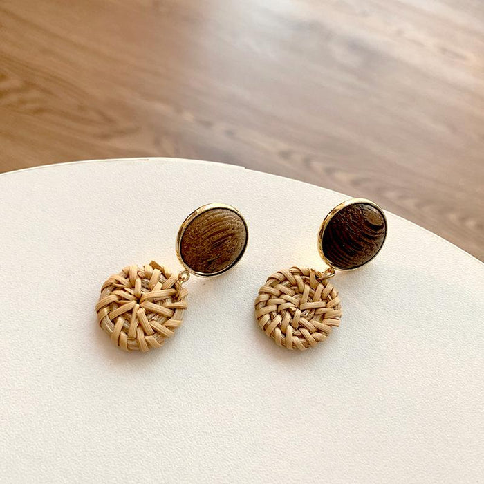 Geometric Round Wooden Grass Rattan Woven Earrings Jewelry