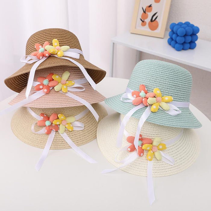 Summer Trendy Flower Streamer Children's Straw Hat Bag Set