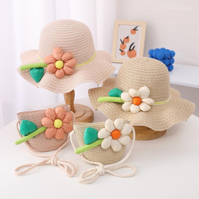 Trendy Three-dimensional Five-petal Flower Children's Wavy Straw Hat Bag Set