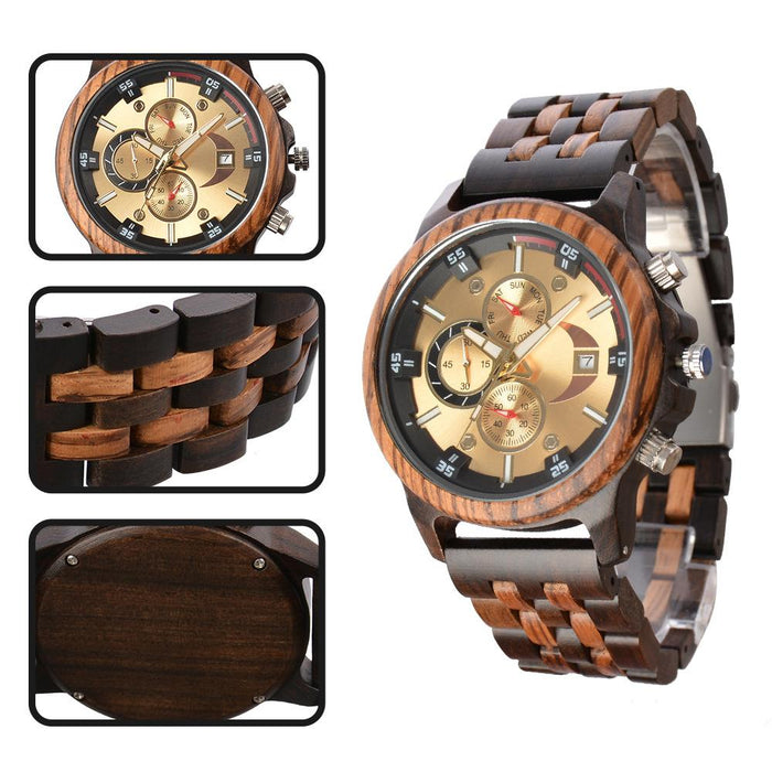 New Men's Business Multifunctional Luminous Wooden Quartz Watch