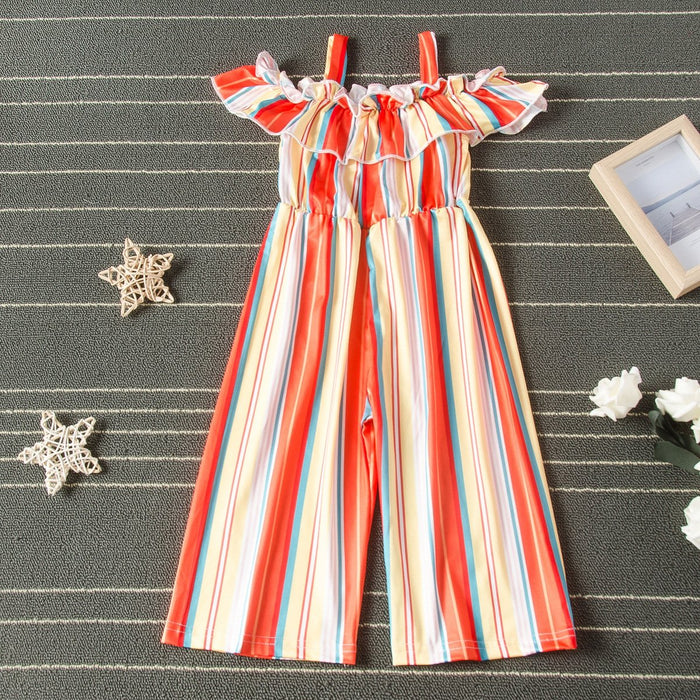 Suspender lace girls' color striped printed wide leg pants BODYSUIT