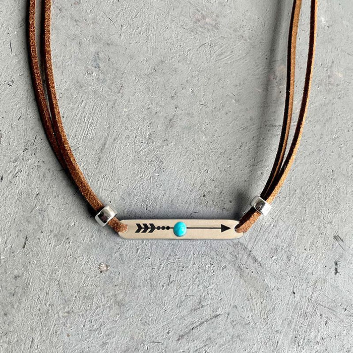 Western Long Strip Pine Stone Retro Leather Rope Necklace