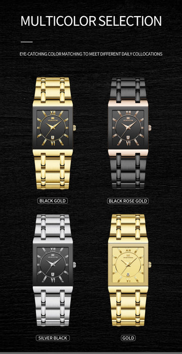 Simple Design Fashion Rectangular Black Gold Stainless Steel Calendar Waterproof Quartz Men Watches