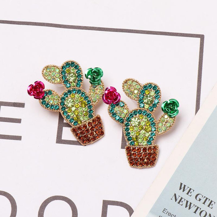 Women's Jewelry Plant Cactus Earrings Inlaid Rhinestone