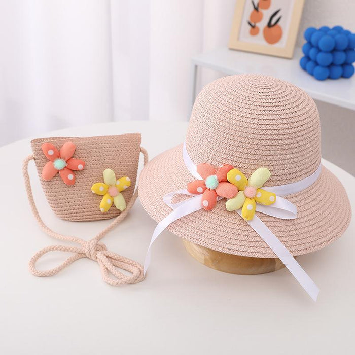 Summer Trendy Flower Streamer Children's Straw Hat Bag Set