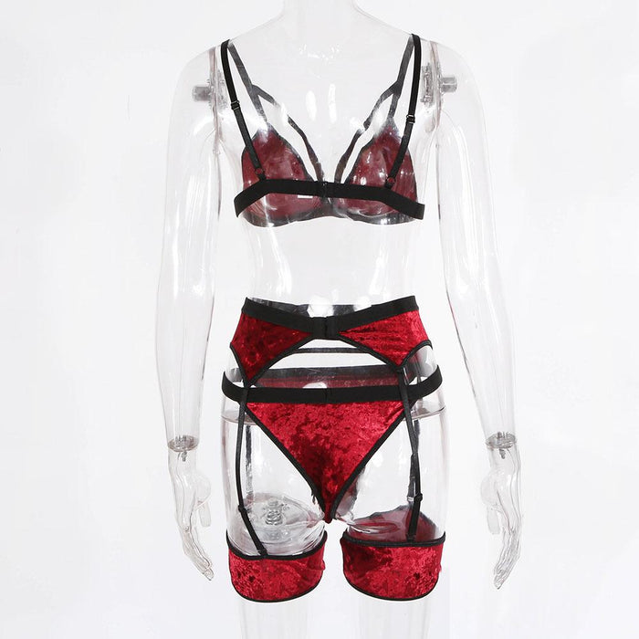 Women's Velvet Lingerie Sexy Lace Underwear Three-piece Set