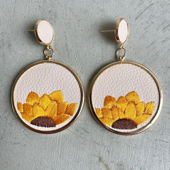 Leather Embroidered Sunflower Earrings