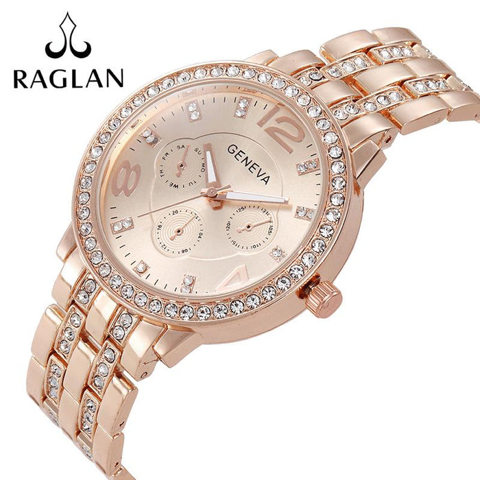 Steel Band Quartz Watch Ladies Temperament Business Three Eyes Rose Gold Watches