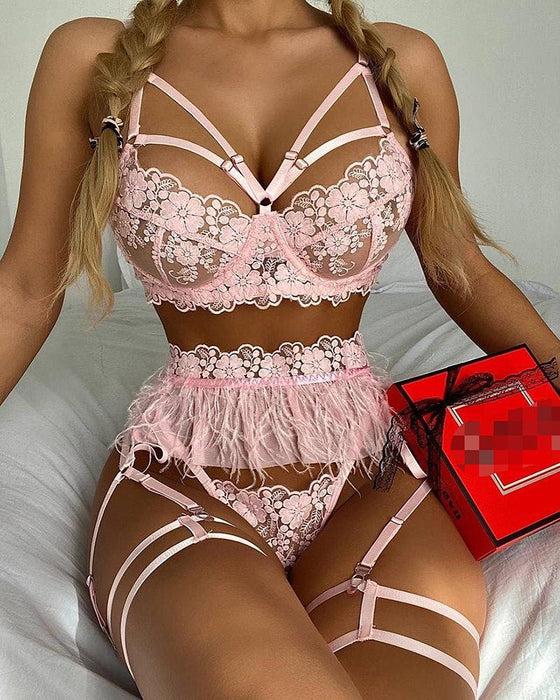 Sexy Embroidered Mesh Underwear Women Garter Lingerie Set