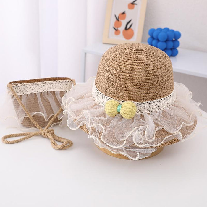 Summer Children's Lace Bow Grass Bucket Hat Bag Set