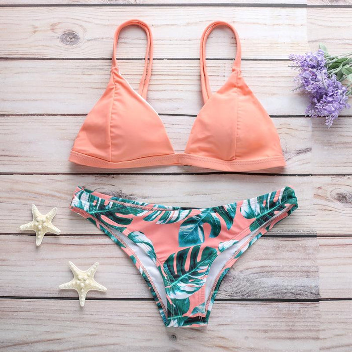 Sexy Green Leaf Printed Beach Split Swimsuit Bikini Swimsuit