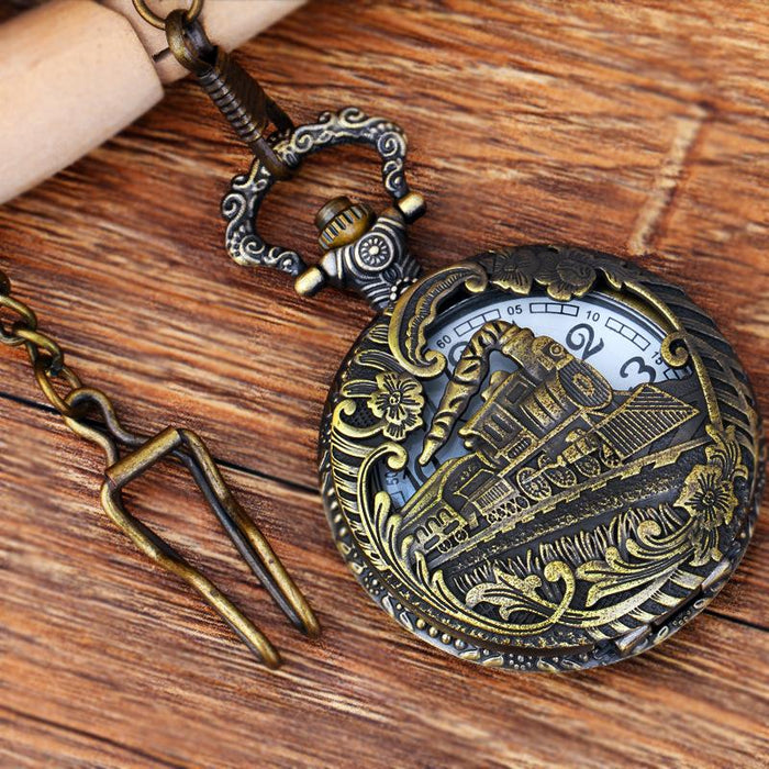 Large Bronze Carved Hollow Locomotive Quartz Pocket Watch Ll3727