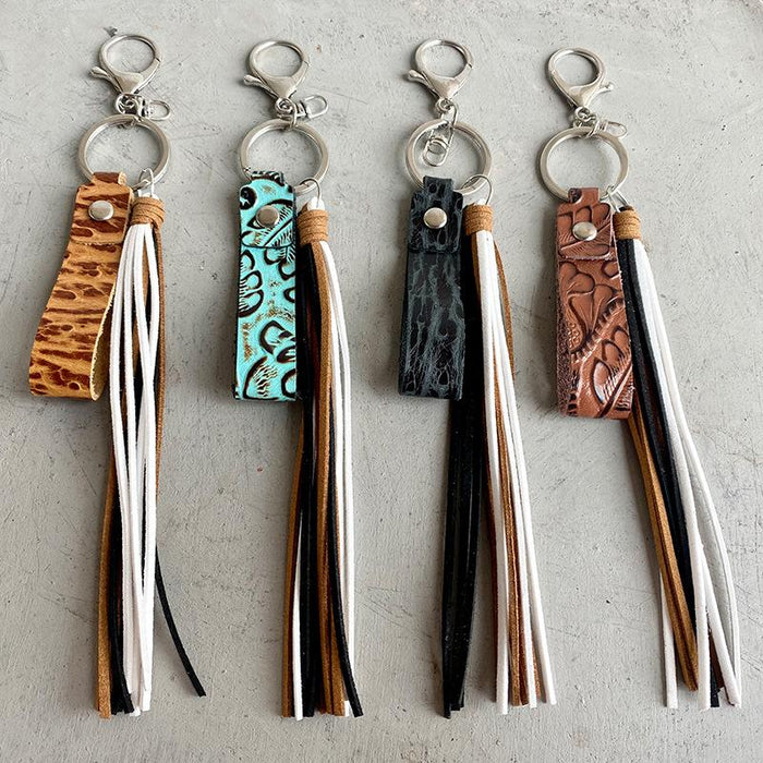 Vintage Embossed Leather Key Chain Tassel Handmade Pendant