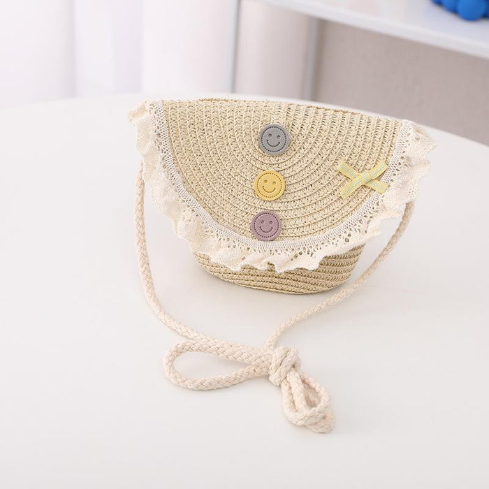 Trendy Three-color Button Children's Lace Straw Hat Bag Set