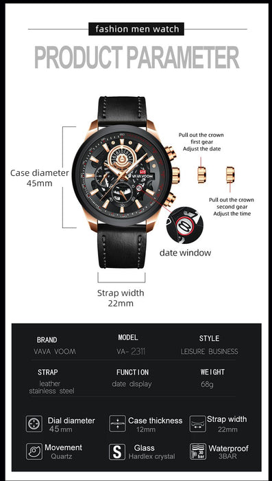 Men Watch Sports Fashion Mechanical Style Leather Business Calendar Waterproof WristWatch