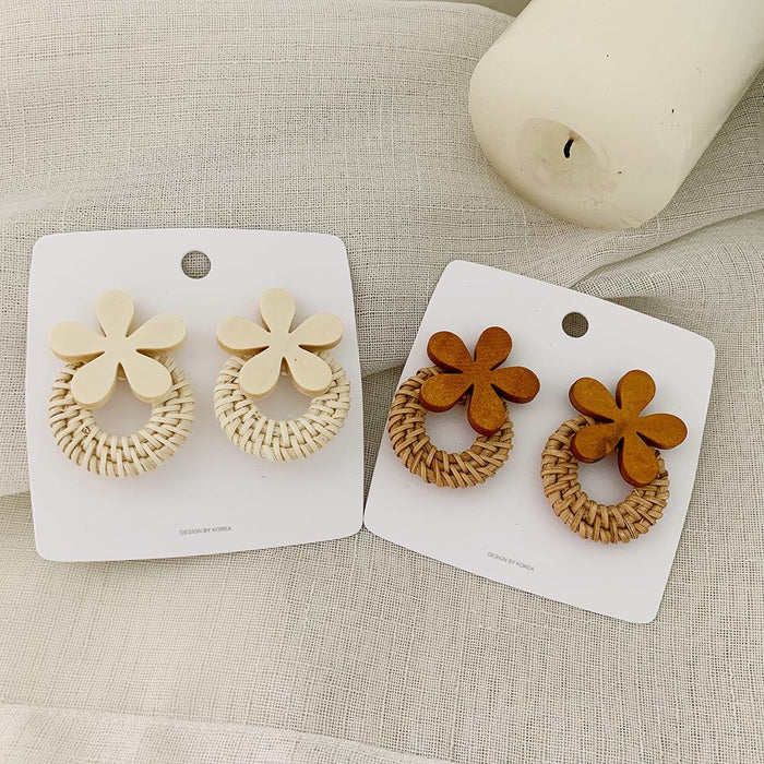Wooden Flowers Exaggerated Temperament Rattan Long Earrings Jewelry