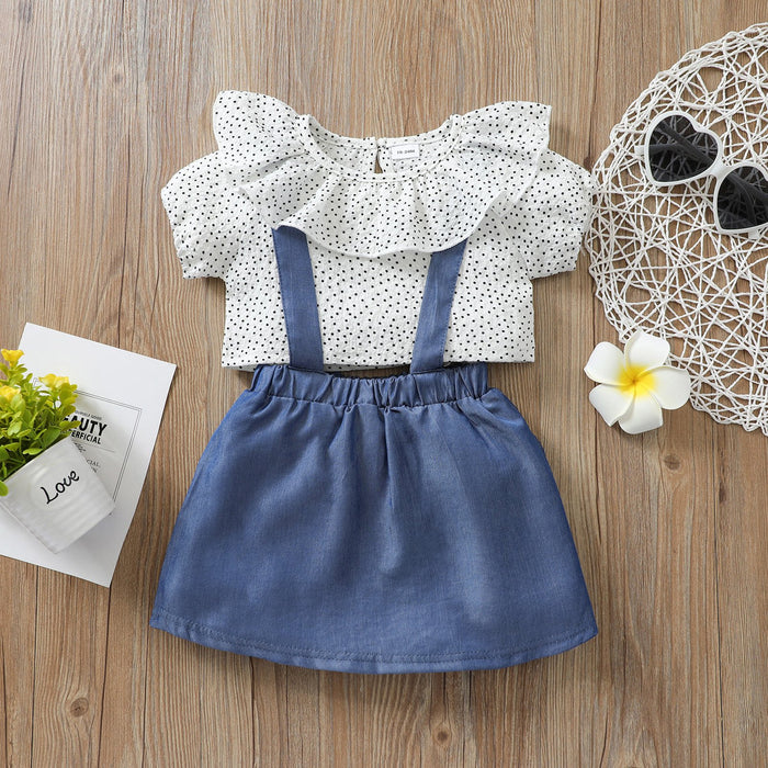 Polka Dot lotus leaf collar short sleeve top doll shirt short shirt blue strap skirt suit