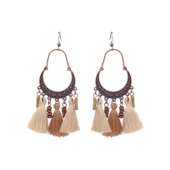 Tassel Vintage Wooden Beads Woven Geometric Hollow Earrings Jewelry