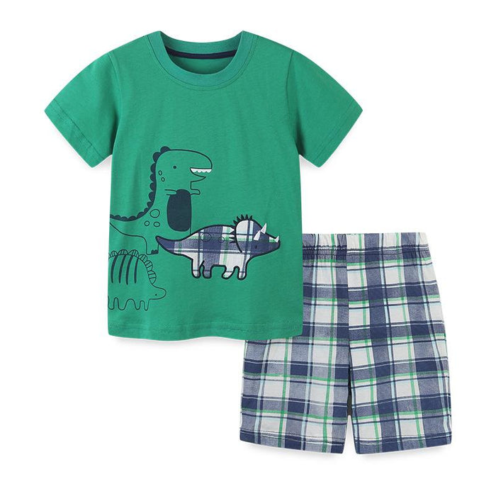 Boys' short sleeved suit cartoon embroidery small and medium-sized children's two-piece shorts