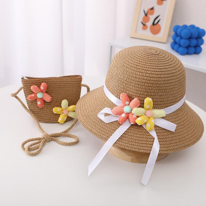 Summer Trendy Flower Streamer Children's Straw Hat Bag Set