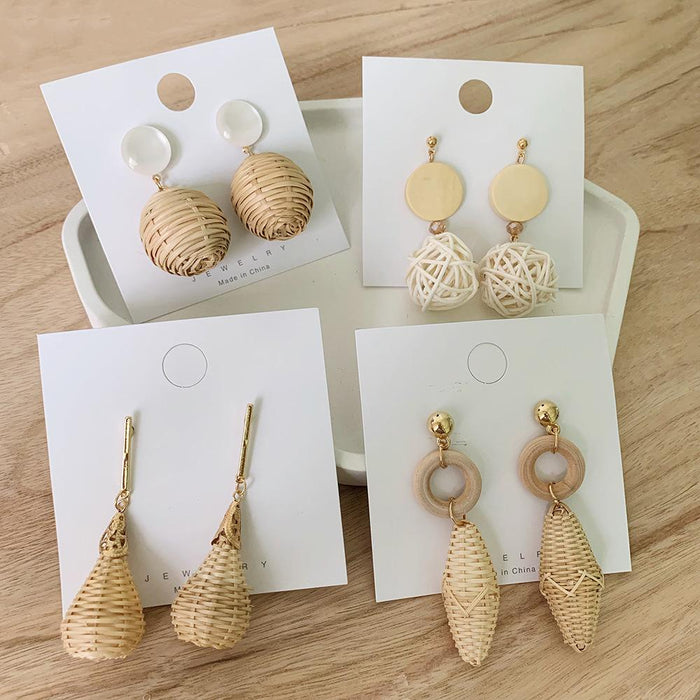 Bamboo and Rattan Hand Woven Fashion Round Earrings Women's Jewelry
