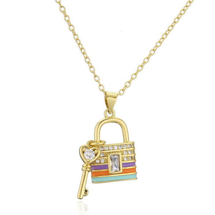 Drip Oil Zircon Key Lock Pendant Gold Color Necklace