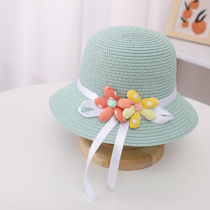 Summer Trendy Flower Streamer Children's Straw Hat Bag Set