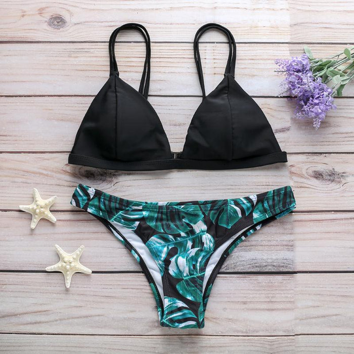 Sexy Green Leaf Printed Beach Split Swimsuit Bikini Swimsuit