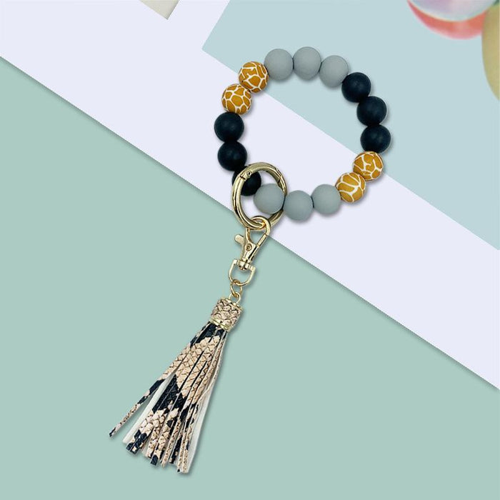 PU Leather Tassel Silicone Bead Bracelet Keychain