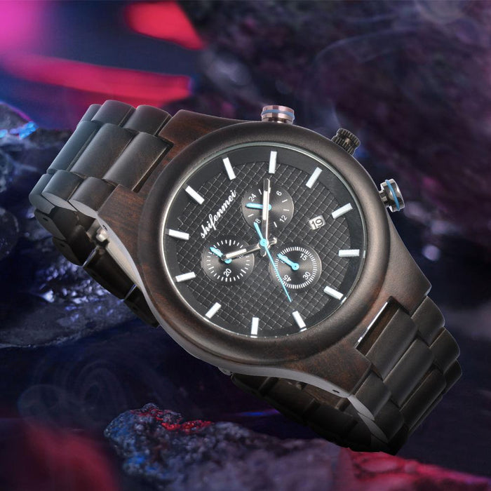 Classic Fashion Multifunctional Waterproof Three Eye Wooden Quartz Watch