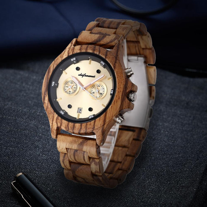 Classic Double Eye Wooden Business Quartz Watch
