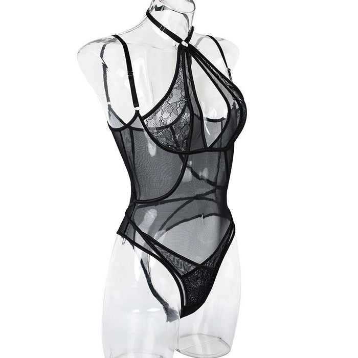 Women's Sexy Mesh Slim Lingerie Halter Bodysuit