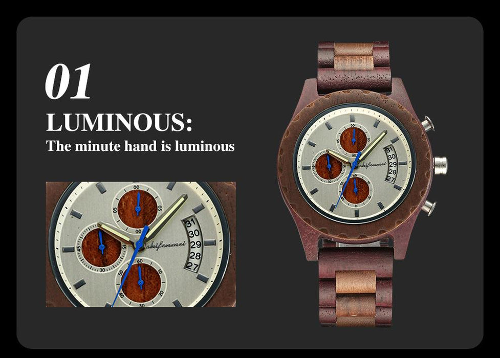 2022 New Three Eye Six Needle Men's Fashion Wood Quartz Watch