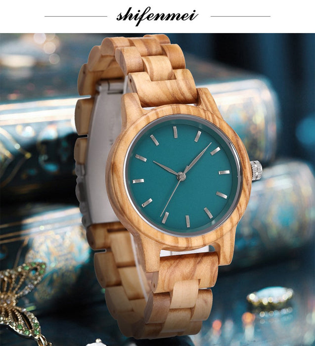 Fashion Premium Green Wooden Quartz Women's Watch