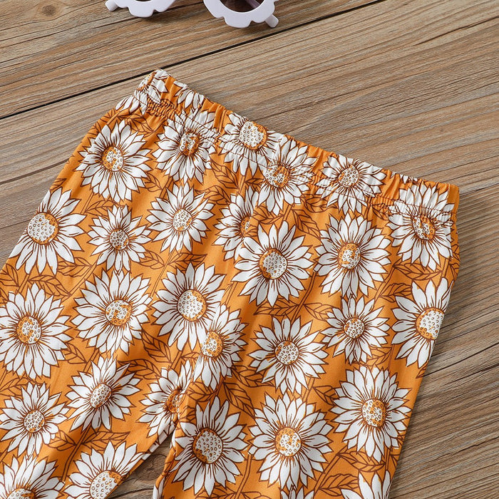 White trumpet sleeve top sunflower flared pants pants two pieces