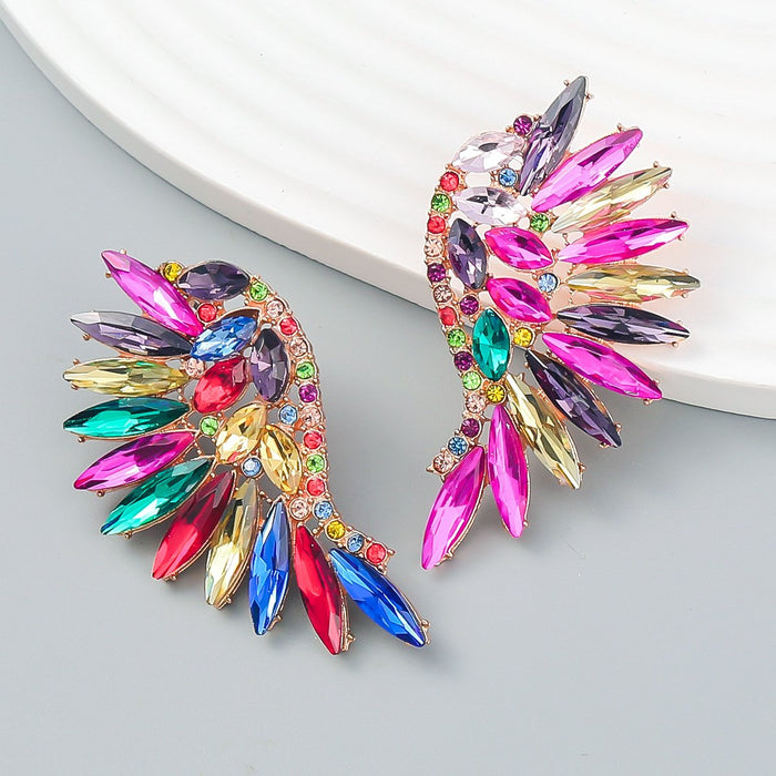 Women's Colored Rhinestone Fan-shaped Wing Earrings