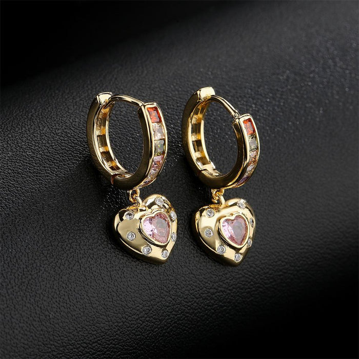 Popular Light Luxury Heart Shaped Gold Color Zircon Earrings