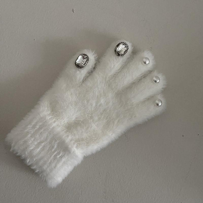 Rhinestone Pearl Warm Thickened Five Finger Gloves