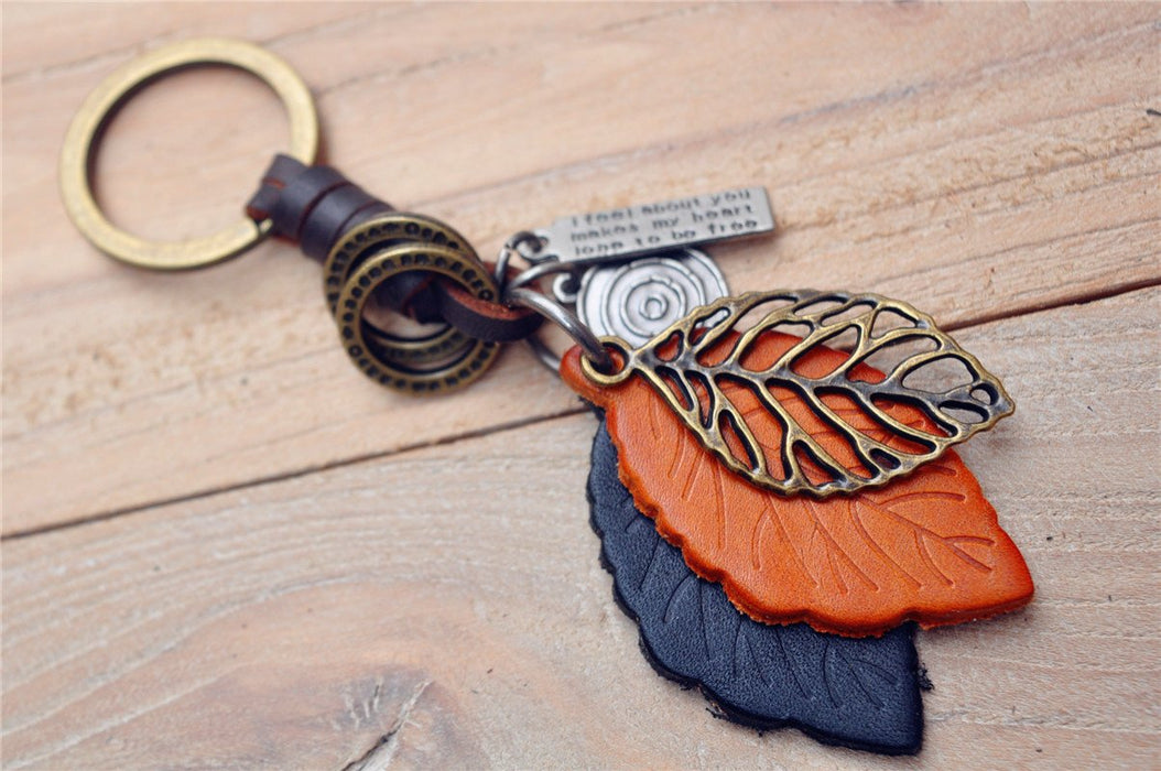 Creative Keychains men's and women's small gift leather leaf Vintage woven Keychains