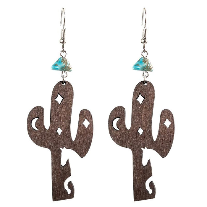 Western Cowboy Turquoise Wood Cactus Women's Earrings